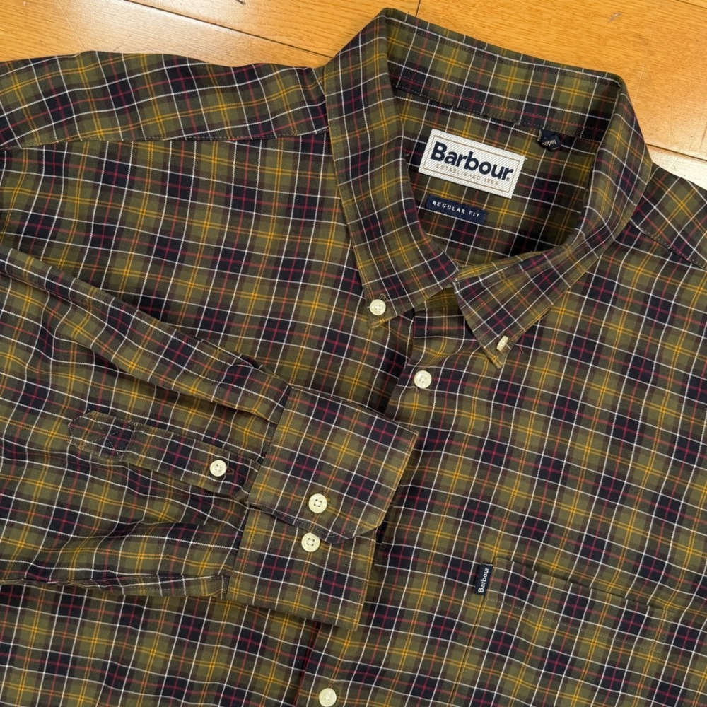 Barbour XL Malcolm Tartan Plaid Button Down Shirt Mens Regular Fit Olive Green